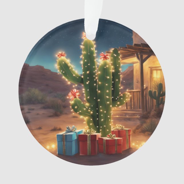 Christmas Cactus With Presents In Front Of A House Ornament (Front)