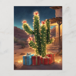 Christmas Cactus With Presents In Front Of A House Postcard