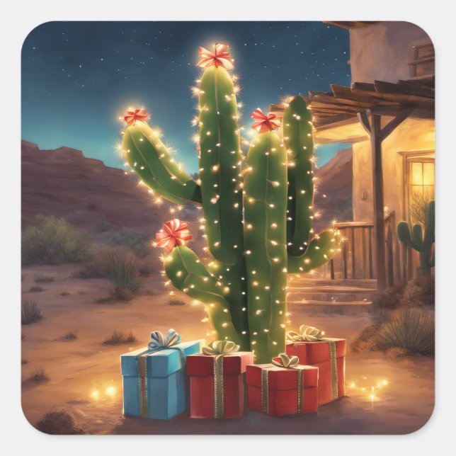 Christmas Cactus With Presents In Front Of A House Square Sticker (Front)