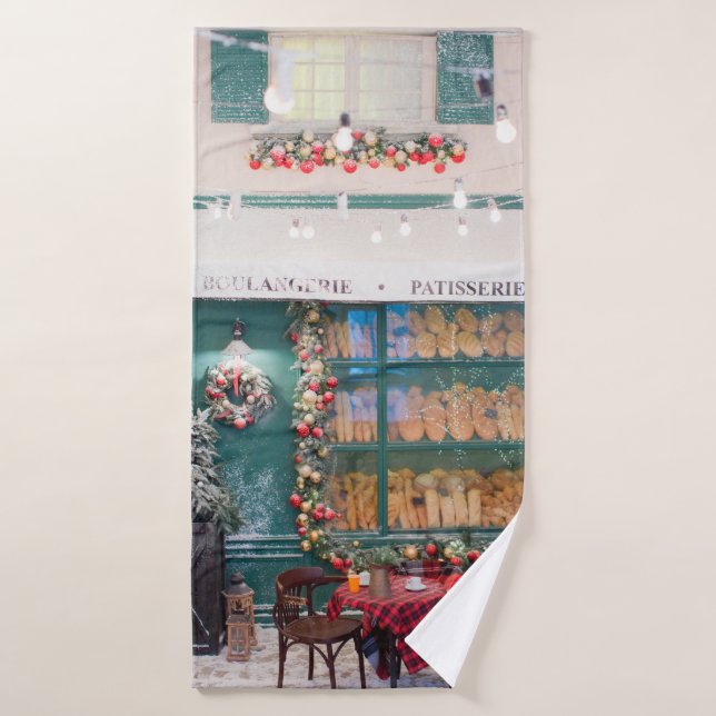 Christmas cafe bakery exterior with Christmas deco Bath Towel (Bath Towel)