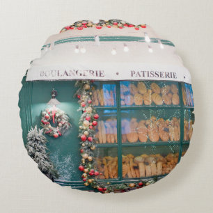 Christmas cafe bakery exterior with Christmas deco Round Pillow
