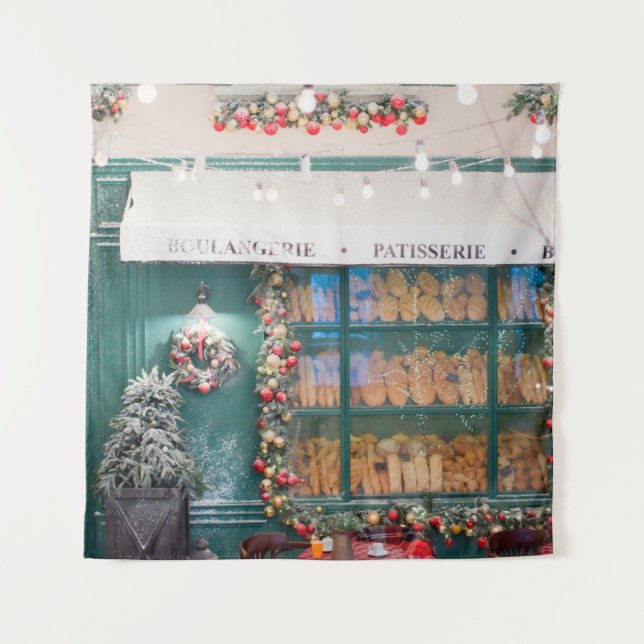 Christmas cafe bakery exterior with Christmas deco Tapestry (Front)