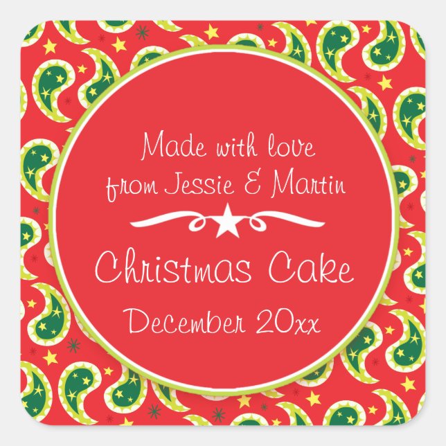 Christmas cake paisley red food label sticker (Front)