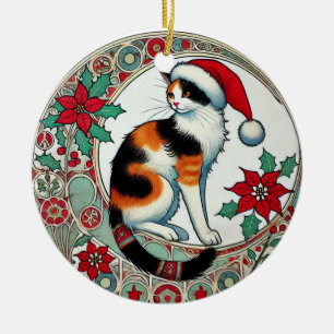 Christmas Calico Cat Santa Ceramic Ornament