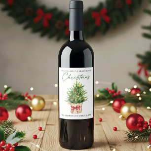 Christmas Calligraphy Ink Watercolor Pine Red Bow Wine Label