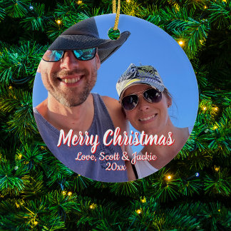 Christmas Calligraphy red/white Couples Personaliz Ceramic Ornament