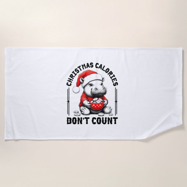 Christmas Calories Don't Count Funny Moo Deng Cook Beach Towel (Front)