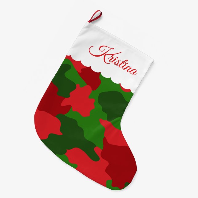 Christmas Camouflage Red Green Monogram Name Large Christmas Stocking (Front (Hanging))
