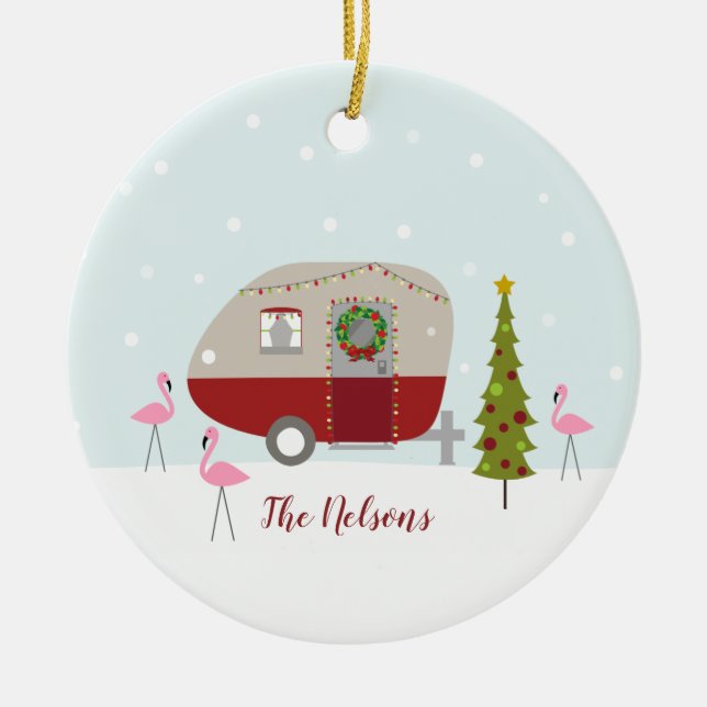Christmas Camper Retro Trailer Flamingos Ceramic Ornament (Front)