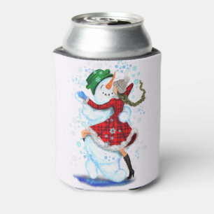 Christmas Can Cooler Snowman and Girl Dance