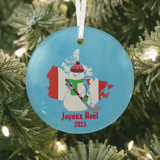Christmas Canadian Flag Snowman Glass Ornament (Insitu)
