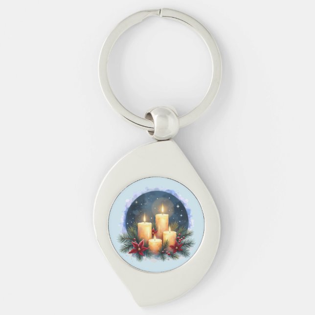 Christmas Candle Glow with Poinsettias Keychain (Front)
