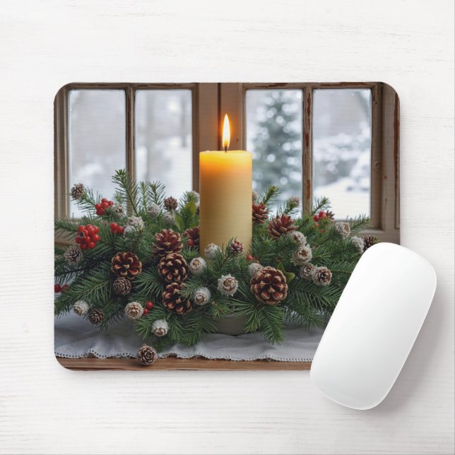 Christmas Candle In a Pine Centerpiece Mouse Pad (With Mouse)