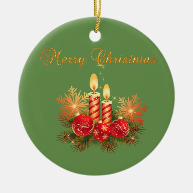 Christmas Candle, Snowflakes,Merry Christmas Ceramic Ornament (Front)