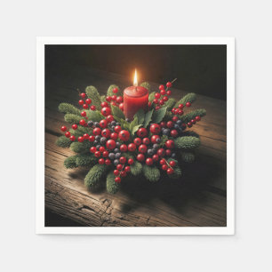 Christmas Candle With Pine and Berries Napkin
