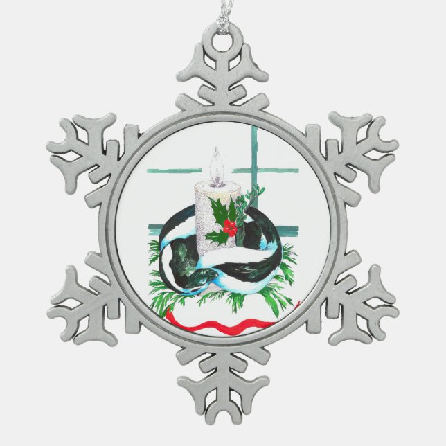 Christmas Candle Wrapped with Skunk Holly Snowflake Pewter Christmas Ornament (Front)