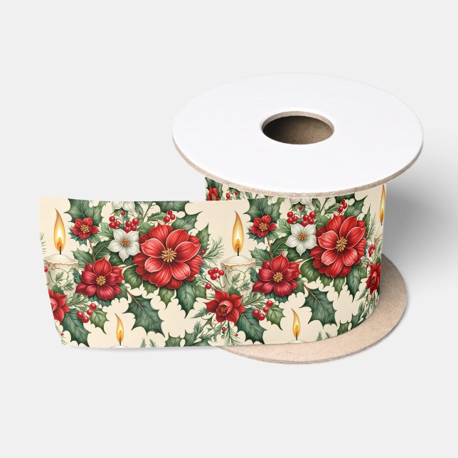 Christmas Candlelight in Flowers Satin Ribbon (Spool)