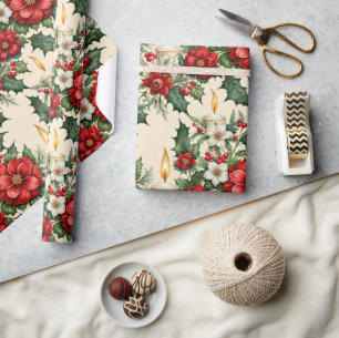 Christmas Candlelight in Flowers Wrapping Paper