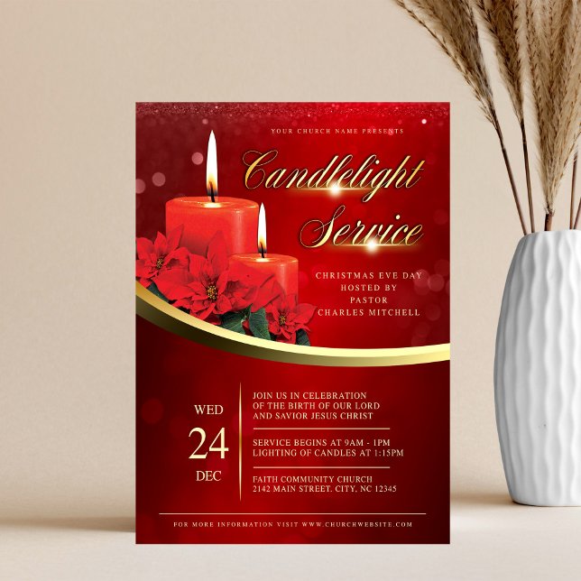 Christmas Candlelight Poinsettia Red Church Flyer (Creator Uploaded)