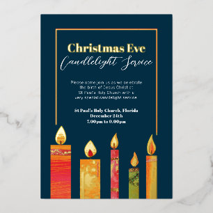 Christmas candlelight service five candles gold foil holiday card