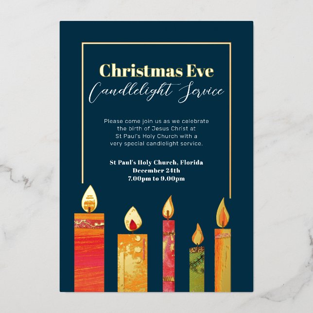 Christmas candlelight service five candles gold foil holiday card (Front)