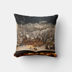 Christmas Candlelit Storybook Mountain Village Throw Pillow