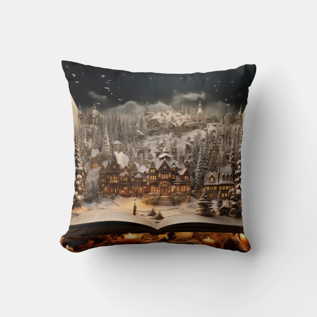 Christmas Candlelit Storybook Mountain Village Throw Pillow (Front)