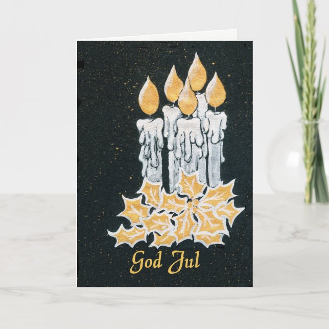 Christmas Candles and Holly, Swedish Greeting Card (Front)
