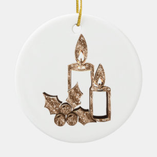 Christmas Candles Holly Elegant Gold and White Ceramic Ornament