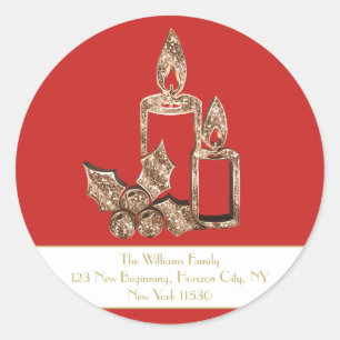 Christmas Candles Holly Red and White Gold Script Classic Round Sticker