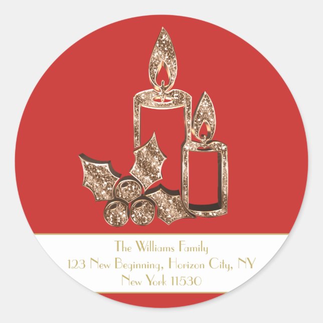 Christmas Candles Holly Red and White Gold Script Classic Round Sticker (Front)