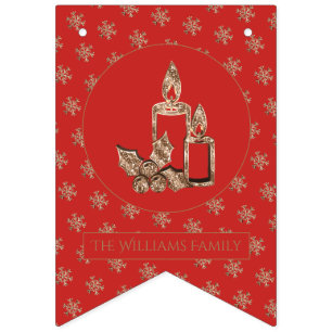 Christmas Candles Holly Snowflakes Red and Gold Bunting Flags
