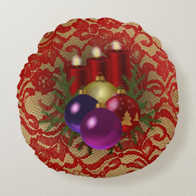 Christmas Candles & Ornaments Floral Faux Lace Round Pillow (Front)