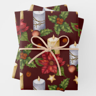 Christmas Candles, Poinsettia and Holly Berry Wrapping Paper Sheet