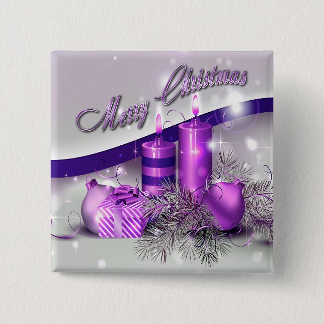 Christmas Candles Purple Sparkle 2 Inch Square Button (Front)