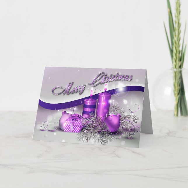 Christmas Candles Purple Sparkle Holiday Card (Front)