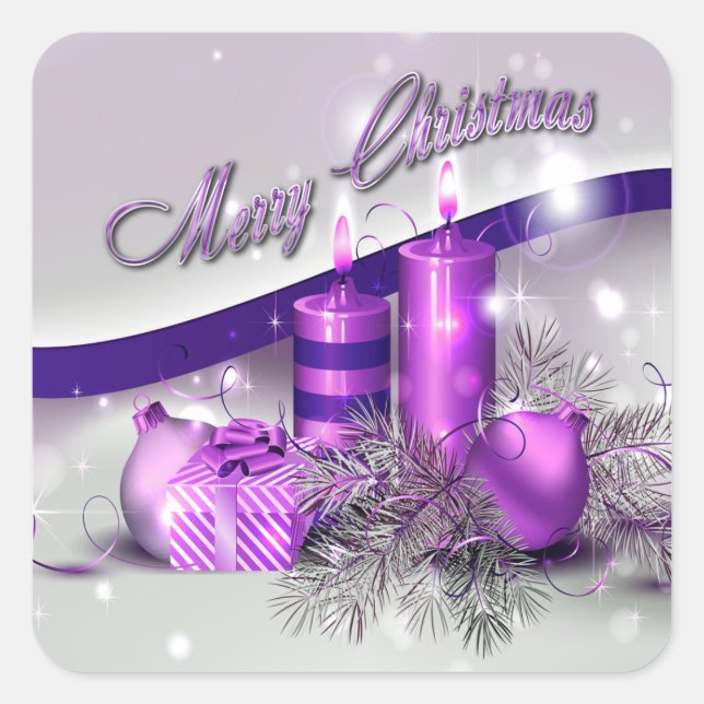 Christmas Candles Purple Sparkle Square Sticker (Front)