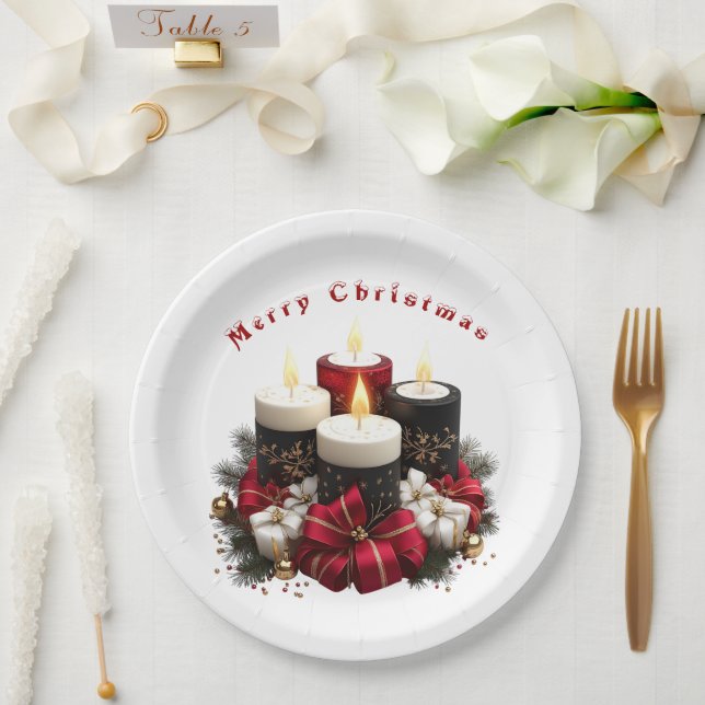 Christmas Candles Red White Ribbons Gold Ornaments Paper Plate (Wedding)