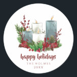 Christmas Candles with Flowers and Berries  Classic Round Sticker<br><div class="desc">Christmas Candles with Flowers and Berries Classic Round Sticker. You can personalize this round sticker by adding a custom greeting,  family name,  and year.</div>
