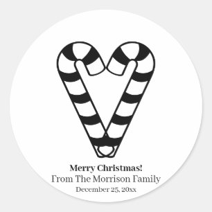 Christmas candy cane black white custom name heart classic round sticker