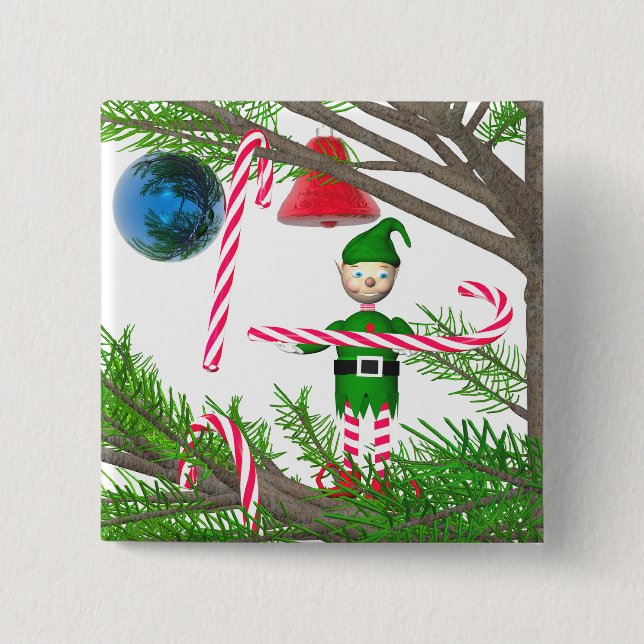 Christmas Candy Cane Elf 2 Inch Square Button (Front)
