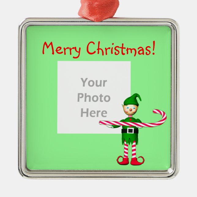 Christmas Candy Cane Elf (photo frame) Metal Ornament (Front)
