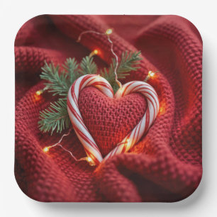 Christmas Candy Cane Heart With Lights Paper Plate