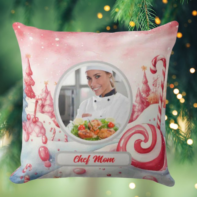Christmas Candy Cane Personalized Chef Mom Photo Throw Pillow (Creator Uploaded)