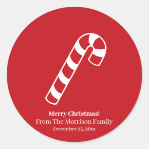Christmas candy cane red white custom name cute classic round sticker