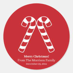 Christmas candy cane red white custom name favour classic round sticker