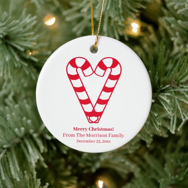 Christmas candy cane red white custom name heart ceramic ornament (Tree)