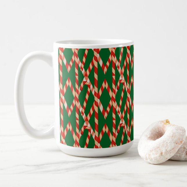 Christmas Candy Cane Red White Vector Design Coffee Mug (With Donut)