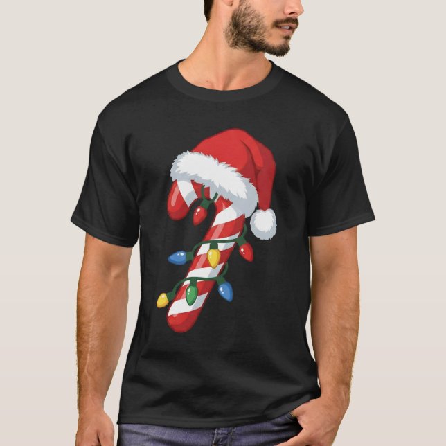 Christmas Candy Cane Santa Hat Xmas Lights T-Shirt (Front)