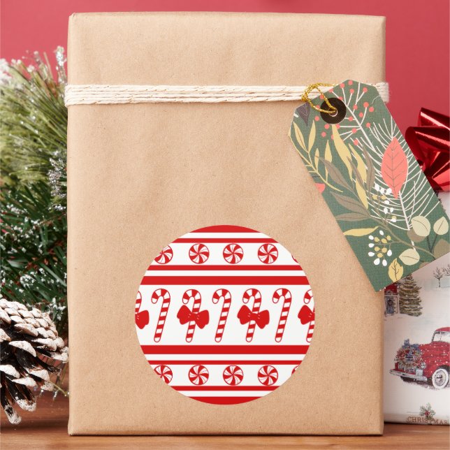 Christmas Candy Cane Stripes Classic Round Sticker (Holiday)